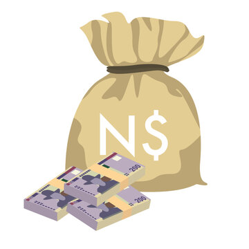 Namibian Dollar Vector Illustration. Namibia money set bundle banknotes. Money bag 200 NAD. Flat style. Isolated on white background. Simple minimal design.