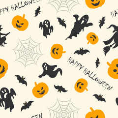 halloween seamless pattern on a light background pumpkin, ghosts, spider web, bat and witch .vector
