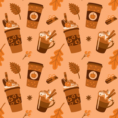 Spice coffee with cream.  Autumn mood. Seamless pattern. Vector.