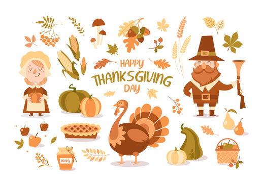 Set of cartoon isolated thanksgiving characters and elements