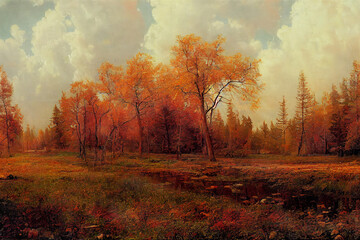 Fototapeta premium beautiful autumn landscape scene, different small trees in a row