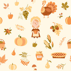 Seamless pattern of cartoon isolated thanksgiving characters and elements