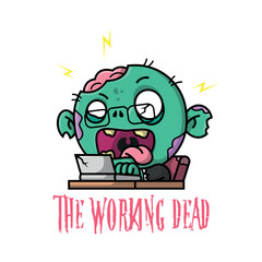 A CREEPY ZOMBIE WORKER IS WORKING ON HIS LAPTOP CARTOON ILLUSTRATION