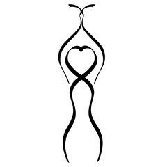 abstract image of a beautiful woman with a bird in raised hands, the hair in the heart turns into a slender figure