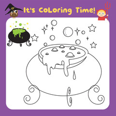 It’s coloring time worksheet. Coloring Halloween worksheet page. Fun activity for kids. Vector illustration. Coloring page Halloween theme. Coloring activity kit for toddlers. Printable coloring page 