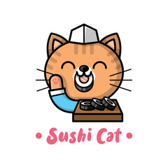 CUTE CAT IS BITING A SUSHI AND WEARING JAPANESE CHEF HAT CARTOON LOGO