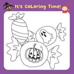 It’s coloring time worksheet. Coloring Halloween worksheet page. Fun activity for kids. Vector illustration. Coloring page Halloween theme. Coloring activity kit for toddlers. Printable coloring page 