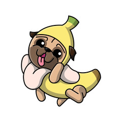 THE CUTE PUG DOG IS WEARING A BANANA COSTUME CARTOON ILLUSTRATION