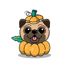 THE CUTE PUG IS WEARING A PUMPKIN COSTUME CARTOON ILLUSTRATION