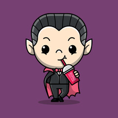SCARY DRACULA IS DRINKING A CUP OF BLOOD CARTOON ILLUSTRATION