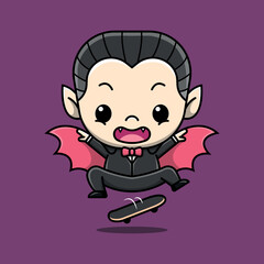 SCARY DRACULA IS JUMPING ON A SKATE BOARD CARTOON ILLUSTRATION