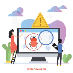 Web crawler vector illustration in flat style. People checking the website concept