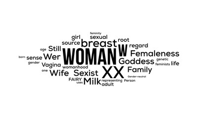 Woman word cloud vector illustration design l Word art for womens day or mothers day l Feminity l Femaleness l Mum l Female l Womanhood l Motherhood l Mothers Day l Womens Day l 8th march