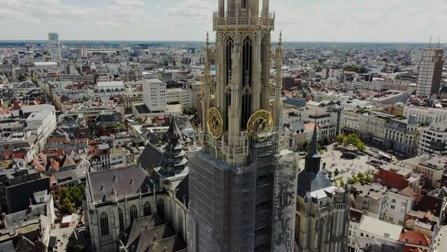 Beautiful aerial footage of The Cathedral of Our Lady, Antwerp, Belgium. In Gothic style, contains works by the Baroque painter Peter Paul Rubens, Otto van Veen, Jacob de Backer and Marten de Vos