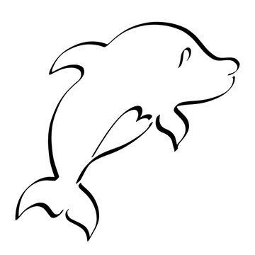 little cute dolphin with heart on belly, black outline on white background