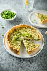 Homemade green pea quiche with cheese