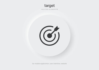 3d target, aim icons push button. Business marketing target, purpose, goal, objective, mission, idea, sense, end, finish symbol. Vector illustration. Neumorphism design.