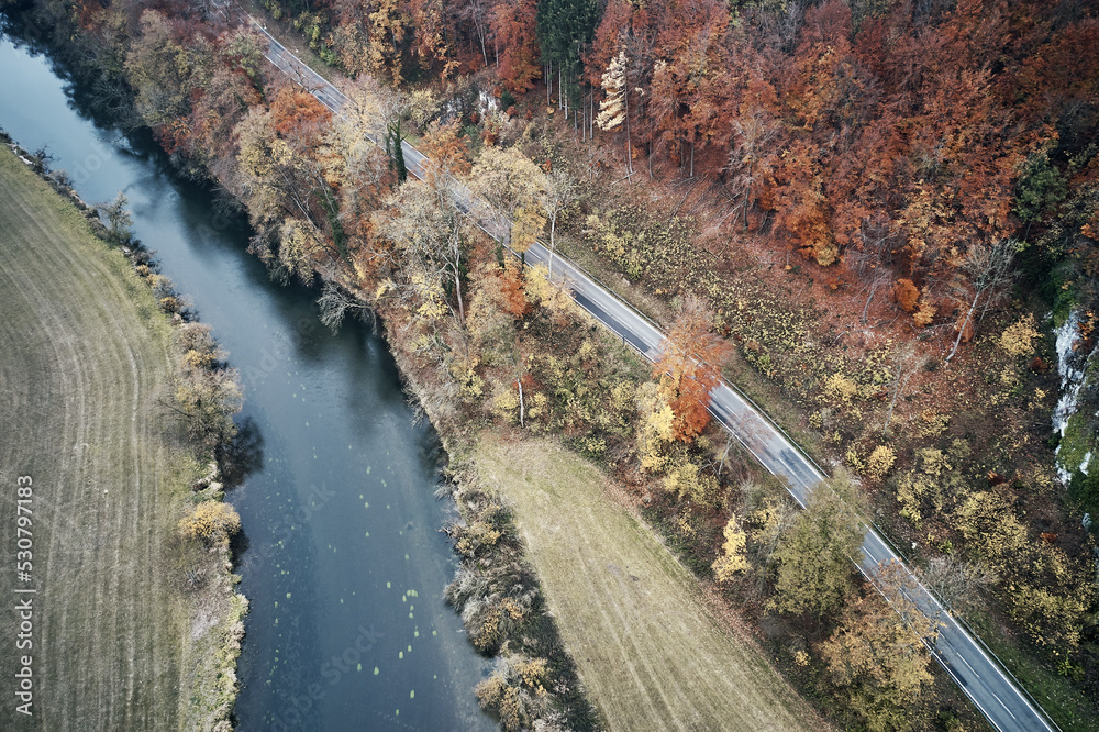 Wall mural Aerial view of forest beside a river in beautiful autumn. Colorful Trees in yellow, red and green from above. - Wall murals