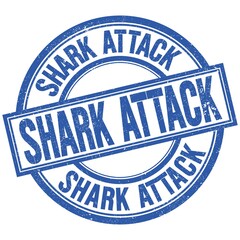 SHARK ATTACK written word on blue stamp sign
