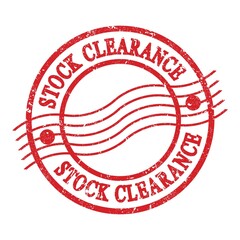 STOCK CLEARANCE, text written on red postal stamp.