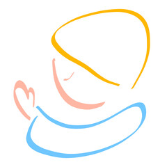 blonde child or man praying to God with closed eyes, symbol on white background