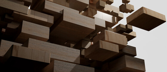 Building wooden blocks pattern or structure concept in different shapes. 3D render illustration