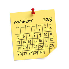November 2023 Calendar. Isolated on White Background. 3D Illustration