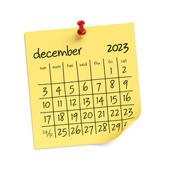 December 2023 Calendar. Isolated on White Background. 3D Illustration