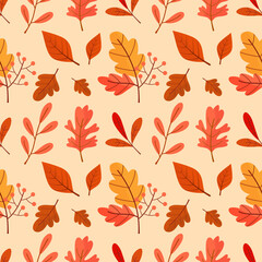 Fototapeta na wymiar Elegant trendy ditsy foliage texture vector seamless pattern design of exotic autumn color leaves. Foliate background of fresh leaves. Repeating texture for wallpaper, surface pattern and textile.