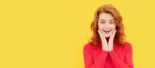 Portrait of beautiful cheerful redhead girl curly hair smiling laughing looking at camera.