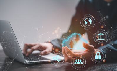 Cloud technology. Man use Laptop with cloud computing diagram show on hand.  Data storage. Networking and internet service concept. 