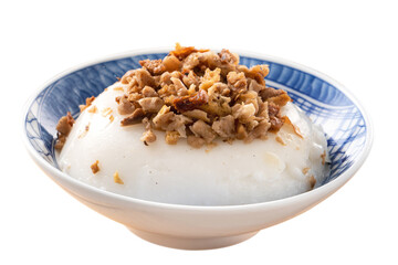 Taiwanese savory rice pudding Wa gui with chopped dried radish and soy sauce isolated on white background.