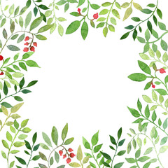 Watercolor hand drawn frame with green leaves and wigs and red berries. Perfect for invitations and cards.