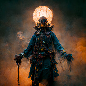 Scary pirate with walking stick standing in smoke.