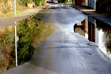 Spiegelung von Bäumen und Häusern im Wasser auf einer auf beiden Seiten von Hochwasser überfluteten Strasse mit glatter Wasseroberfläche einige parkende Autos im Hintergrund