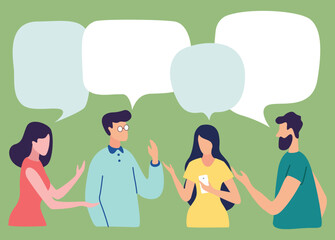 Vector illustration, social networks, flat style, news, chat, businessmen discuss social network dialogue speech bubbles