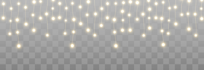 Christmas lights, lights bulbs, glowing garlands string. New Year's party lights, holiday decorations. Party event decoration, winter holiday season element. Vector illustration on png.