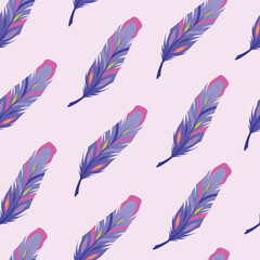Seamless pattern with feathers. Purple feathers.
