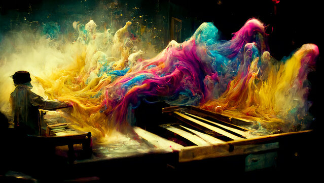 Pianist dissolving into colorful liquid.