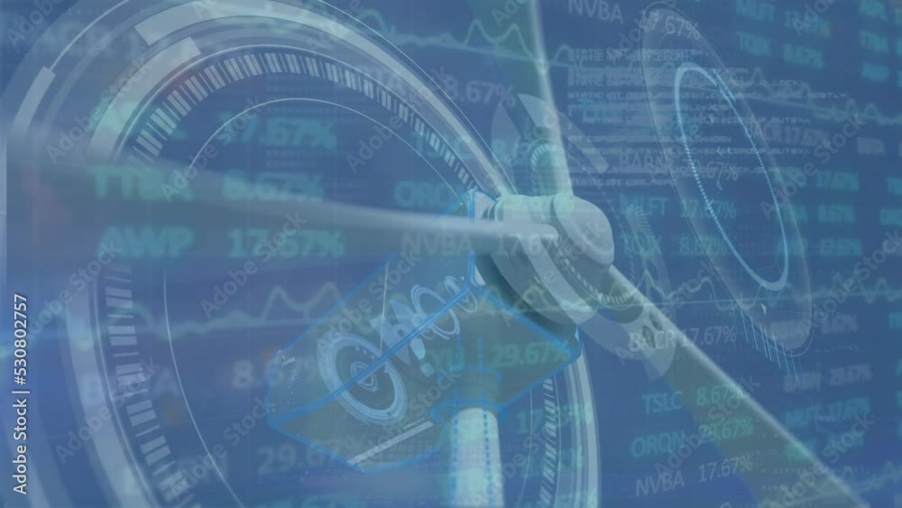 Poster animation of wind turbine and lightning over scopes and processing data on blue background