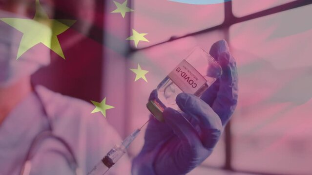 Animation of flag of china over african american female doctor with vaccine