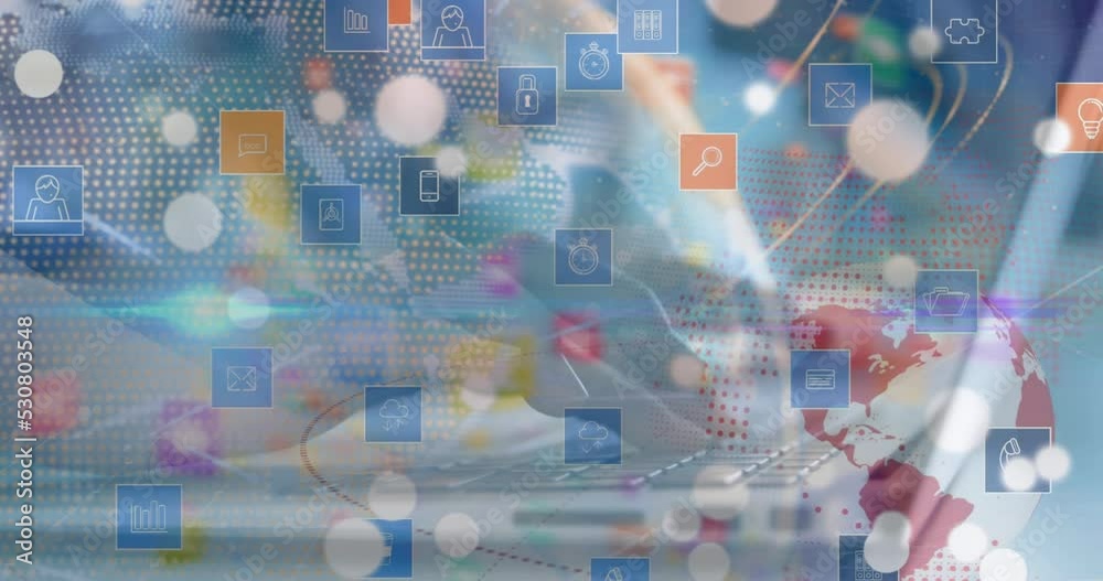 Poster animation of data processing and globe with icons over hands using laptop