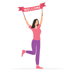 Woman with banner welcome. Girl take welcome ribbon. Vector illustration