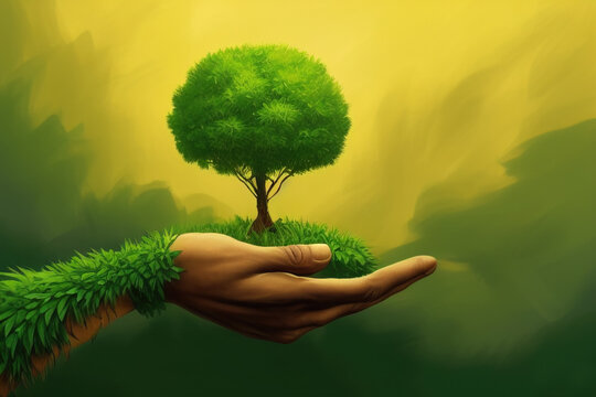 Artistic representation of a elemental hand holding a tree over a green background