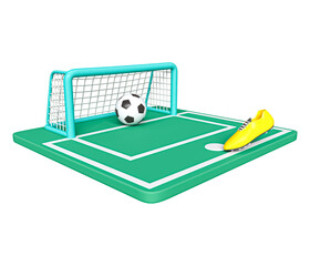 Football goal post, ball, football shoe 3d icon. Realistic soccer ball, goal bar, shoe icon. Green Football field with goal post. soccer goal, field and ball. Qatar World Cup In transparent png