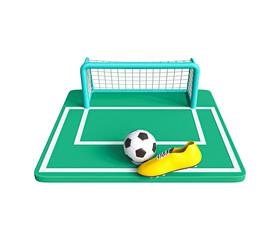 Football goal post, ball, football shoe 3d icon. Realistic soccer ball, goal bar, shoe icon. Green Football field with goal post. soccer goal, field and ball. Qatar World Cup In transparent png © Razulation