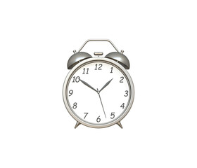 Old table clock 3d icon. 2 Realistic alarm clock. Classic Silver color Table clock with timer. Morning Time management vintage instrument. Two Retro alarm clock front view. In transparent png