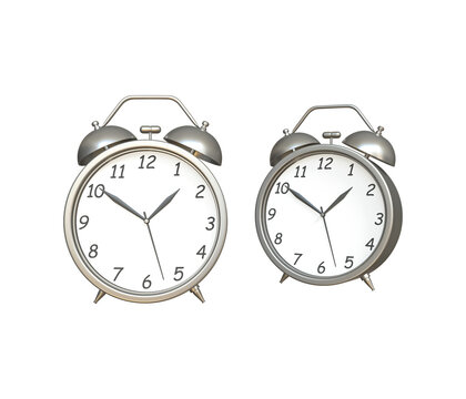 Old table clock 3d icon. 2 Realistic alarm clock. Classic Silver color Table clock with timer. Morning Time management vintage instrument. Two Retro alarm clock front view. In transparent png