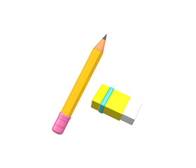 Pencil and eraser 3d icon isolated. Minimal style clean 3D symbol of education. Rubber eraser and yellow pencil icon on purple background. In transparent png