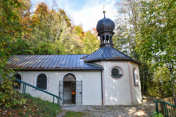 pilgrimage chapel in the forest, called Frauenkapelle, near Wolfratshausen. landscape in autumn